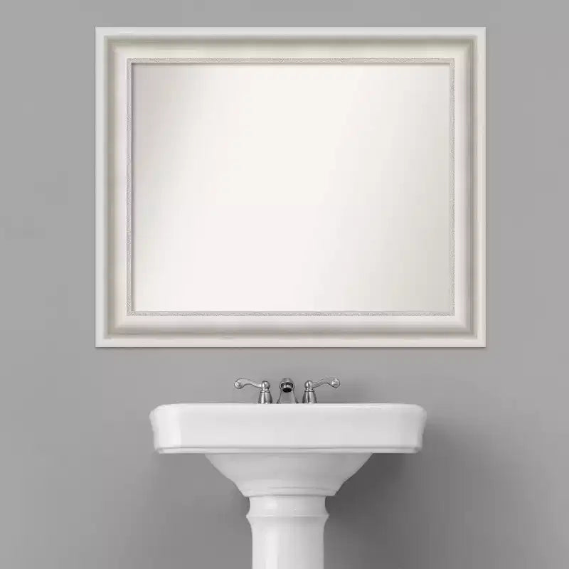 34" x 28" Non-Beveled Parlor White Bathroom Wall Mirror - Amanti Art: Modern Rectangle, Includes Mounting Hardware