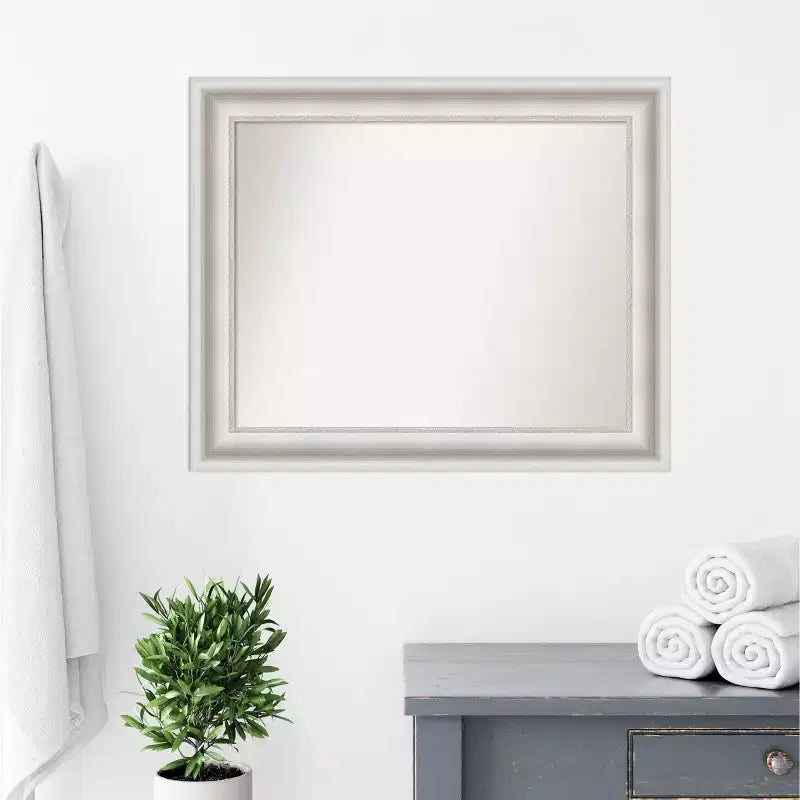 34" x 28" Non-Beveled Parlor White Bathroom Wall Mirror - Amanti Art: Modern Rectangle, Includes Mounting Hardware