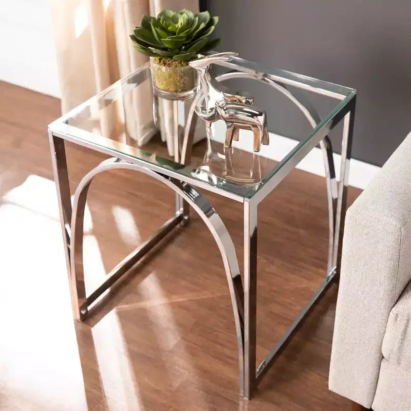 Square Glass-Top End Table with Iron Frame