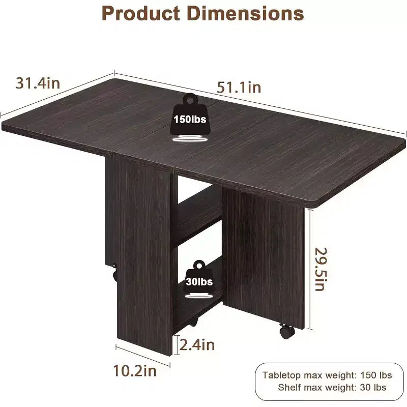 Foldable Drop Leaf Dining Table with Storage Shelves and Wheels