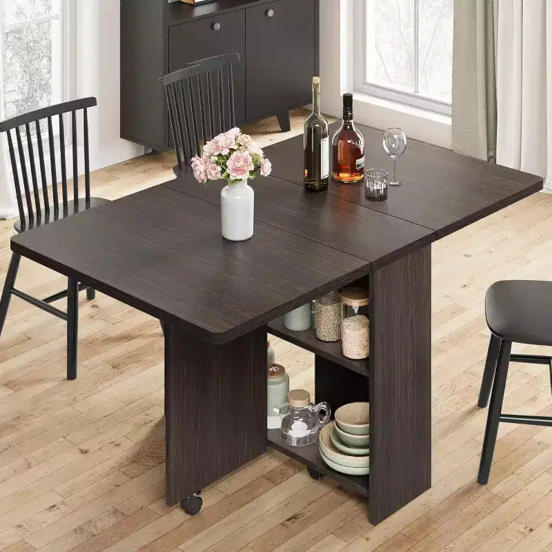 Foldable Drop Leaf Dining Table with Storage Shelves and Wheels