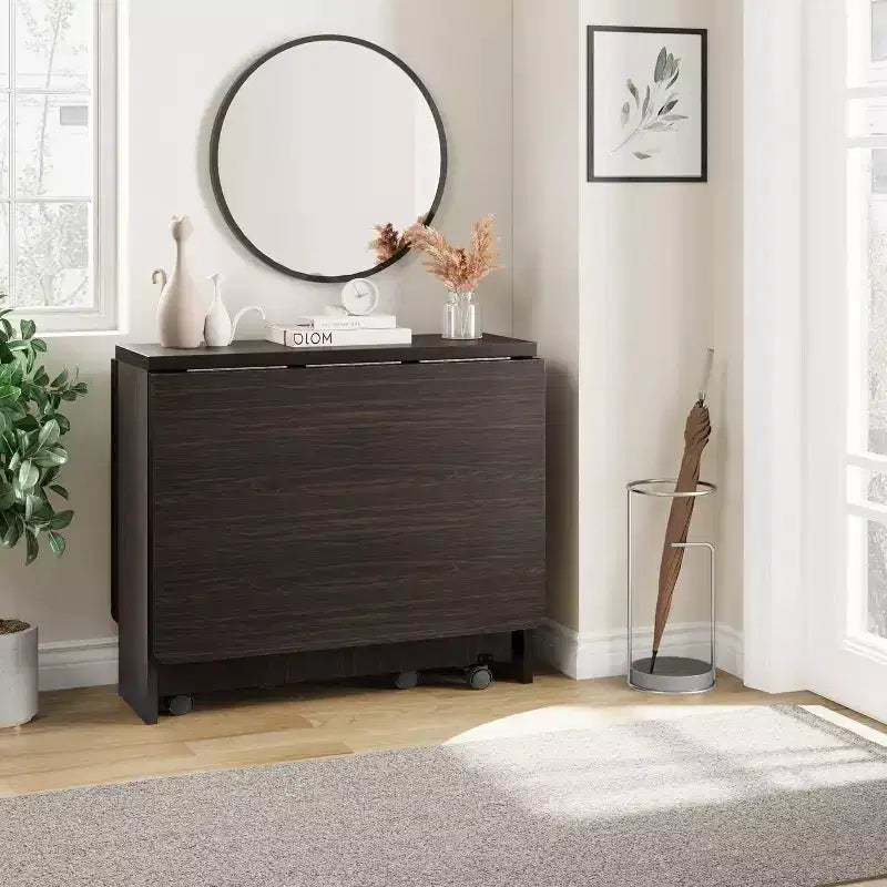 Foldable Drop Leaf Dining Table with Storage Shelves and Wheels