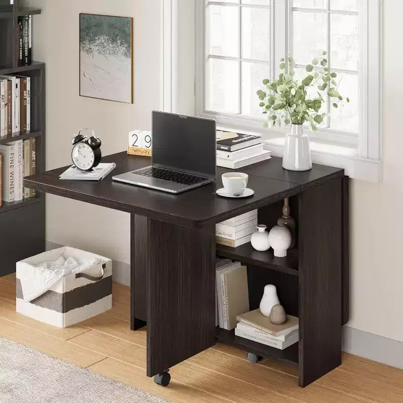 Foldable Drop Leaf Dining Table with Storage Shelves and Wheels