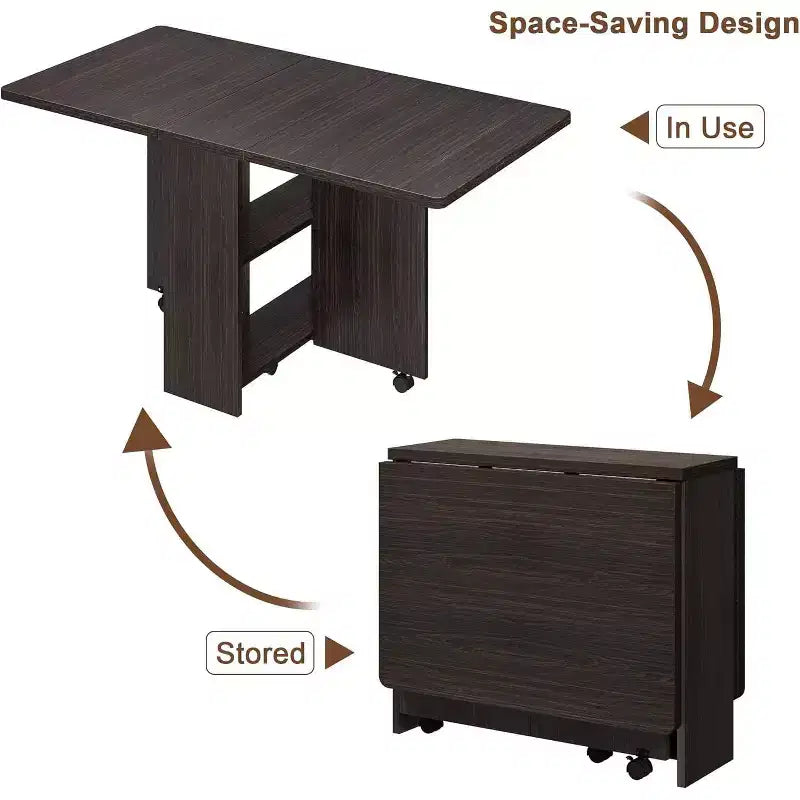 Foldable Drop Leaf Dining Table with Storage Shelves and Wheels