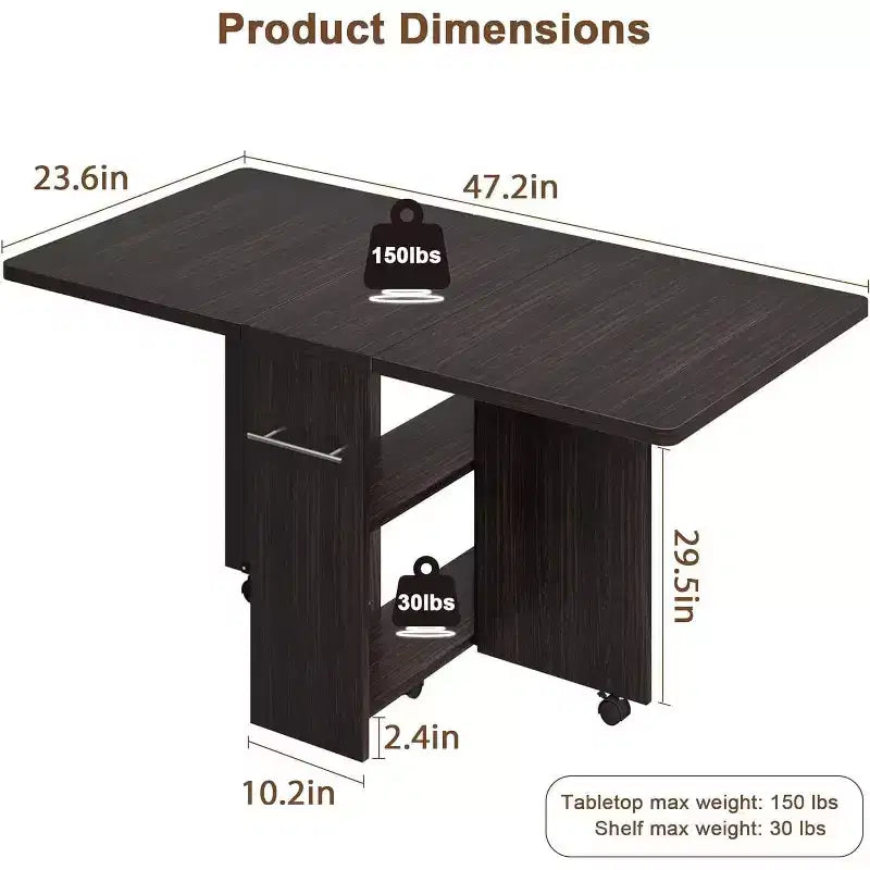 Foldable Drop Leaf Dining Table with Storage Shelves and Wheels