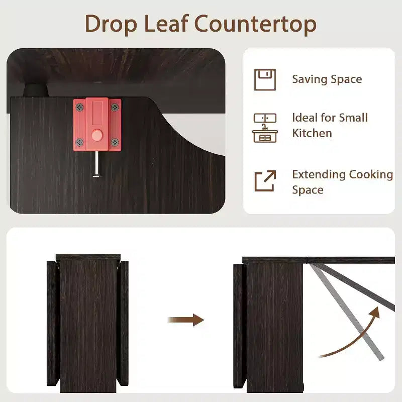 Foldable Drop Leaf Dining Table with Storage Shelves and Wheels