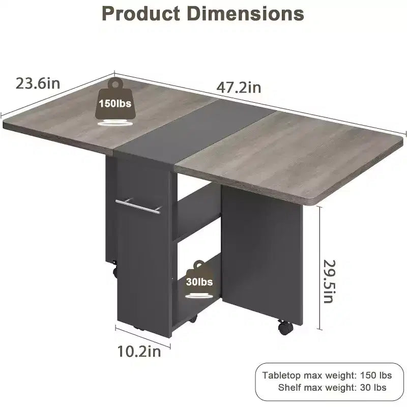 Foldable Drop Leaf Dining Table with Storage Shelves and Wheels