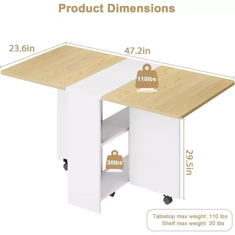 Foldable Drop Leaf Dining Table with Storage Shelves and Wheels