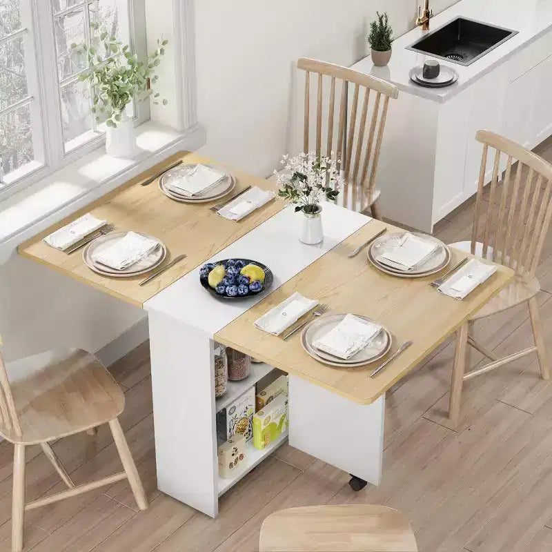 Foldable Drop Leaf Dining Table with Storage Shelves and Wheels