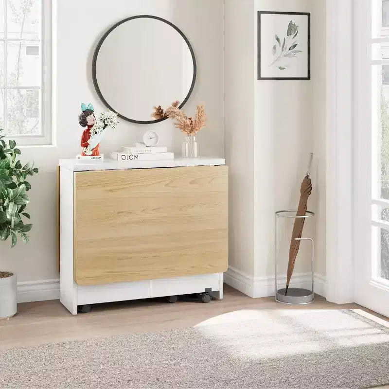 Foldable Drop Leaf Dining Table with Storage Shelves and Wheels