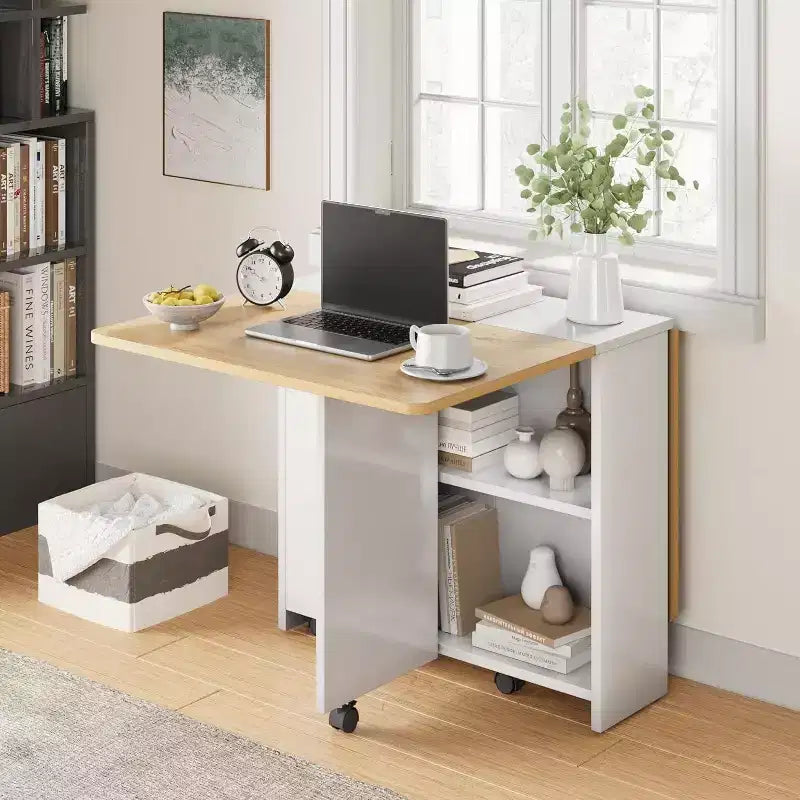 Foldable Drop Leaf Dining Table with Storage Shelves and Wheels