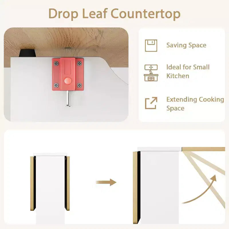 Foldable Drop Leaf Dining Table with Storage Shelves and Wheels