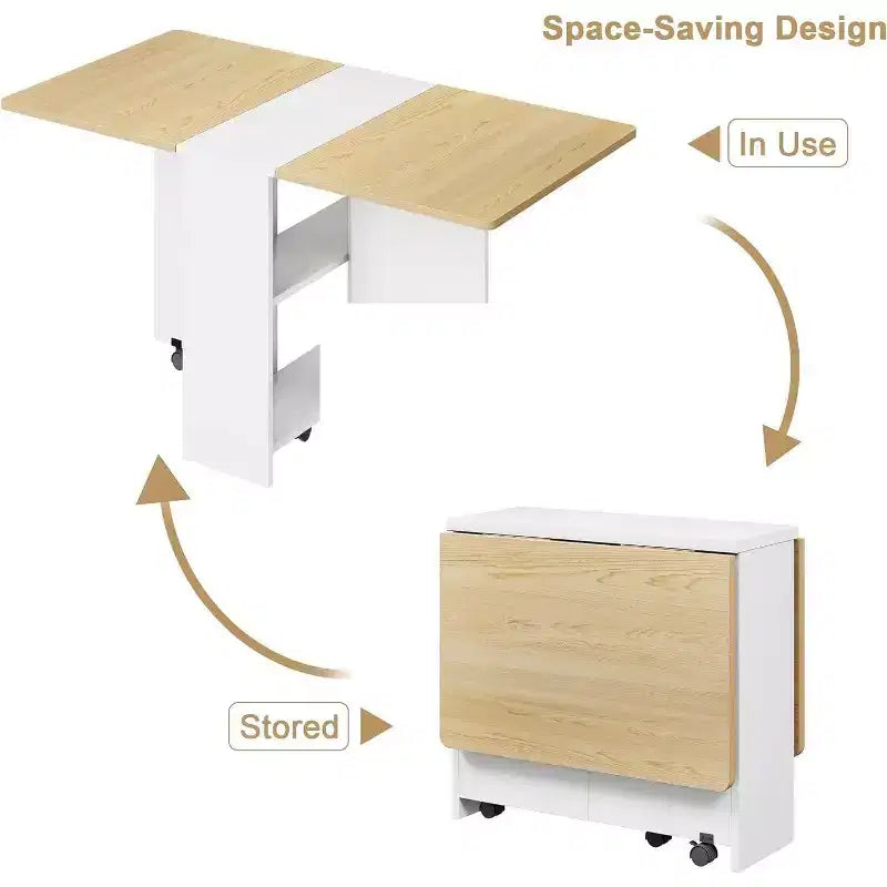 Foldable Drop Leaf Dining Table with Storage Shelves and Wheels