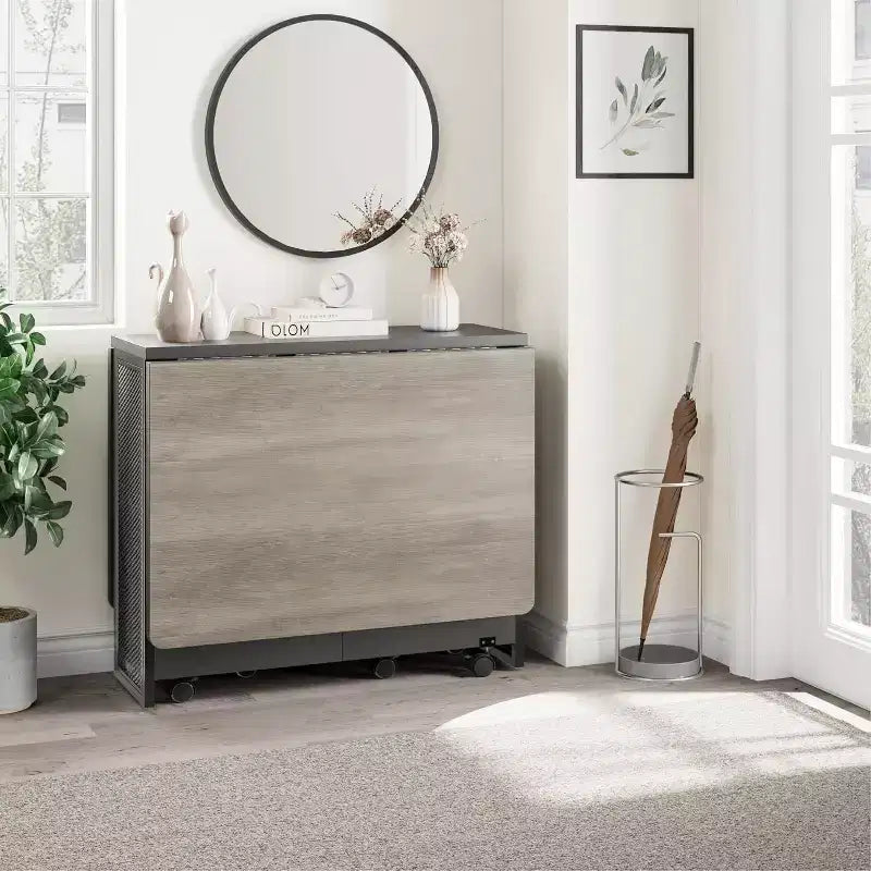 Foldable Drop Leaf Dining Table with Storage Shelves and Wheels