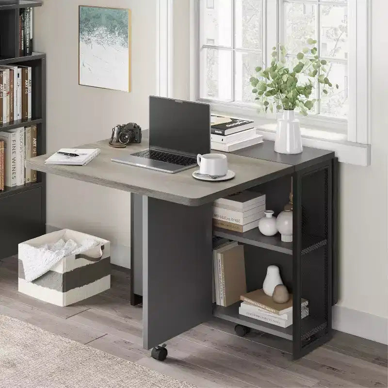 Foldable Drop Leaf Dining Table with Storage Shelves and Wheels