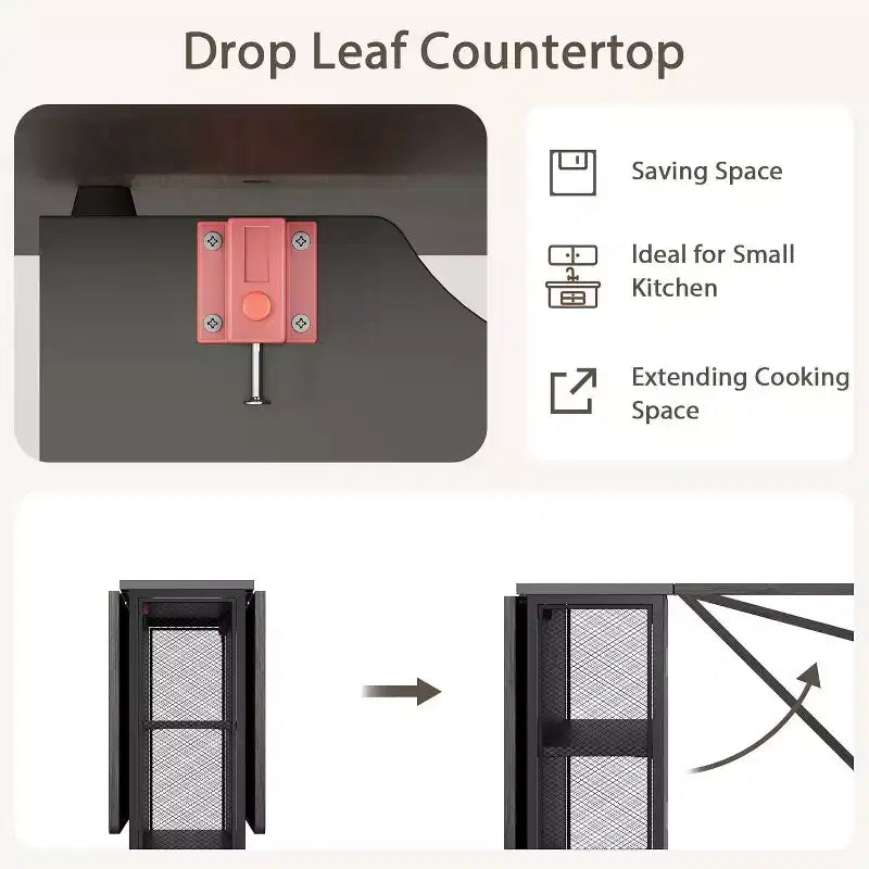 Foldable Drop Leaf Dining Table with Storage Shelves and Wheels