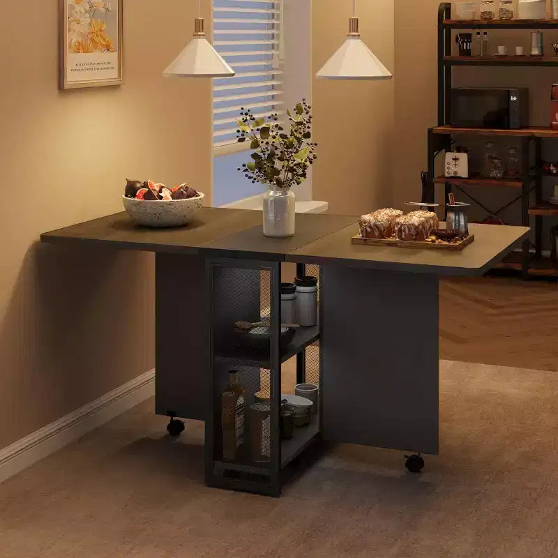 Foldable Drop Leaf Dining Table with Storage Shelves and Wheels