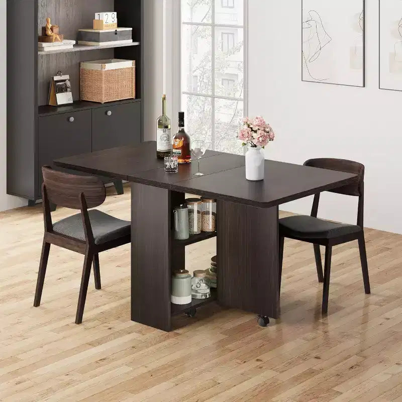 Foldable Drop Leaf Dining Table with Storage Shelves and Wheels