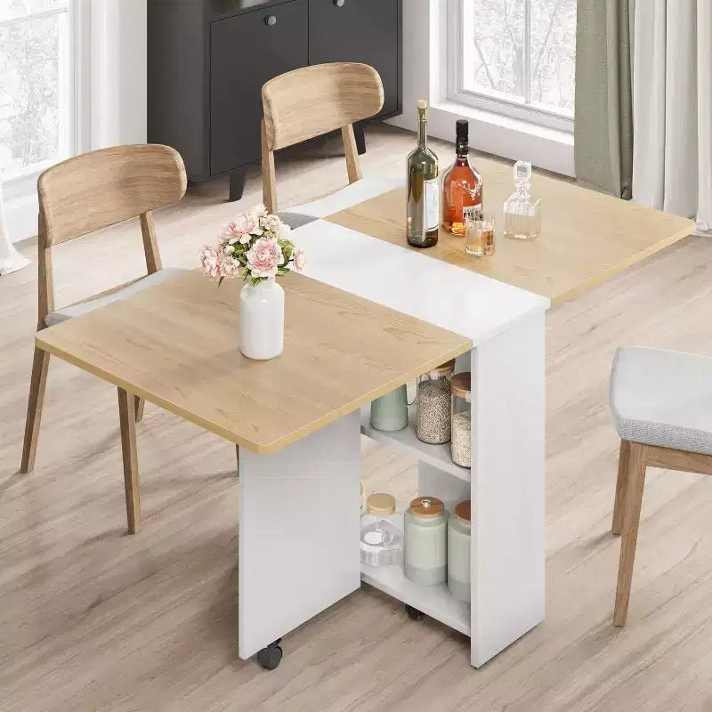 Foldable Drop Leaf Dining Table with Storage Shelves and Wheels
