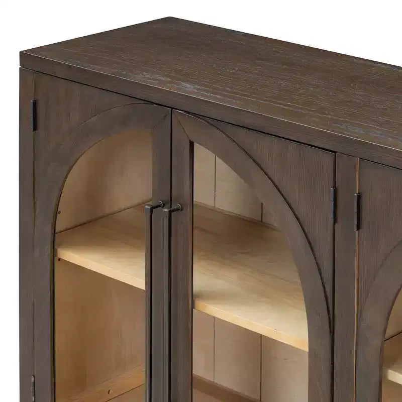 4-Door Retro Style Arched Glass Storage Buffet Cabinet with Adjustable Shelves