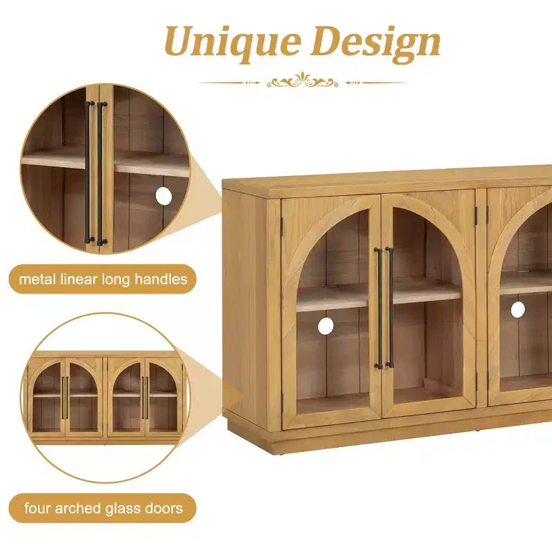 4-Door Retro Style Arched Glass Storage Buffet Cabinet with Adjustable Shelves