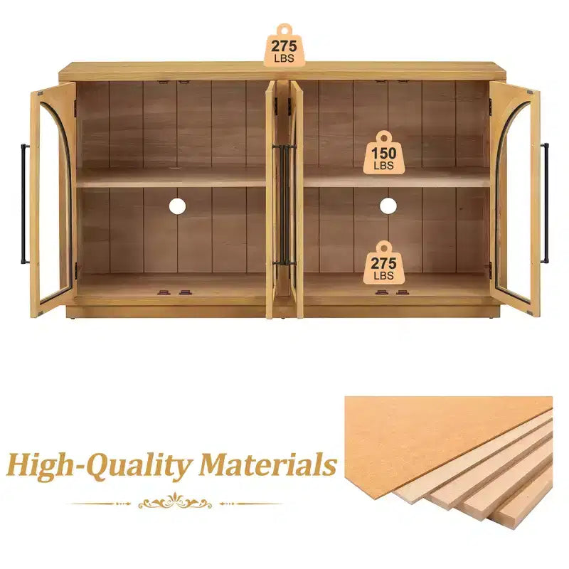 4-Door Retro Style Arched Glass Storage Buffet Cabinet with Adjustable Shelves