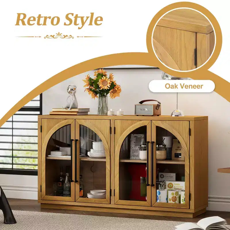 4-Door Retro Style Arched Glass Storage Buffet Cabinet with Adjustable Shelves