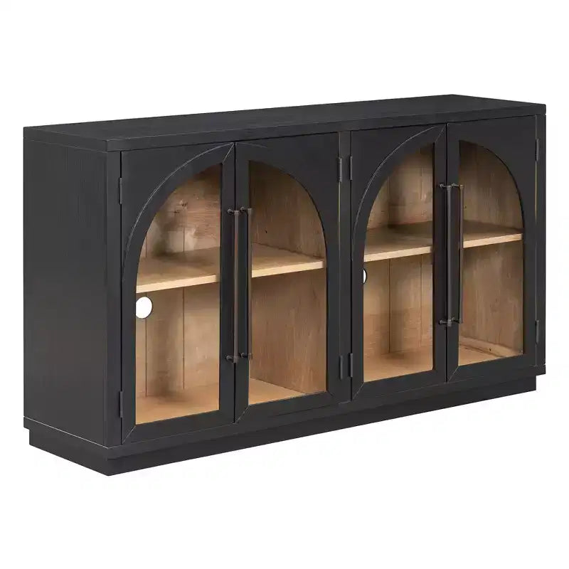 4-Door Retro Style Arched Glass Storage Buffet Cabinet with Adjustable Shelves