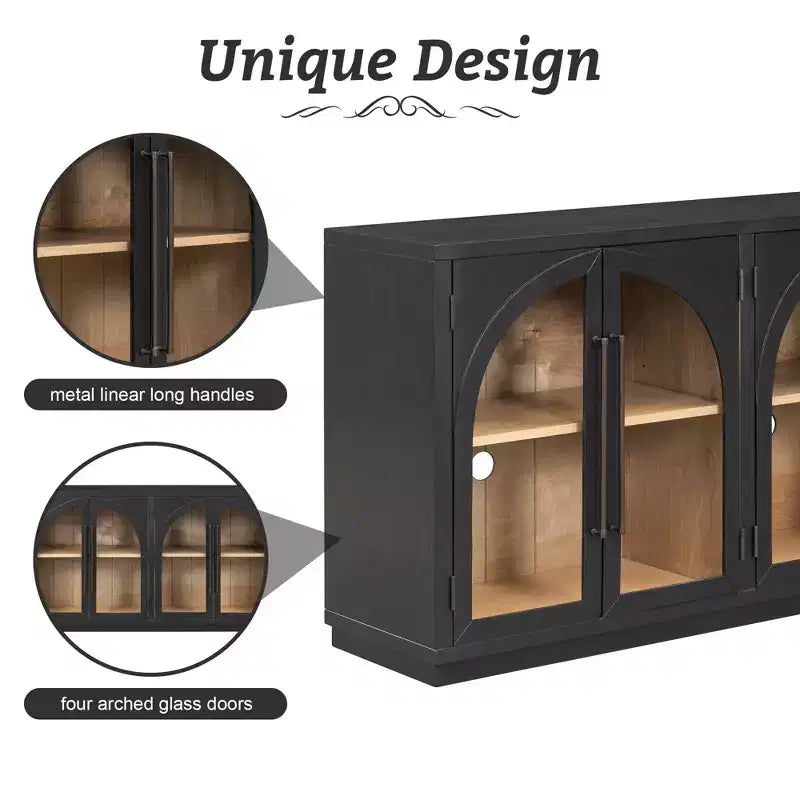 4-Door Retro Style Arched Glass Storage Buffet Cabinet with Adjustable Shelves
