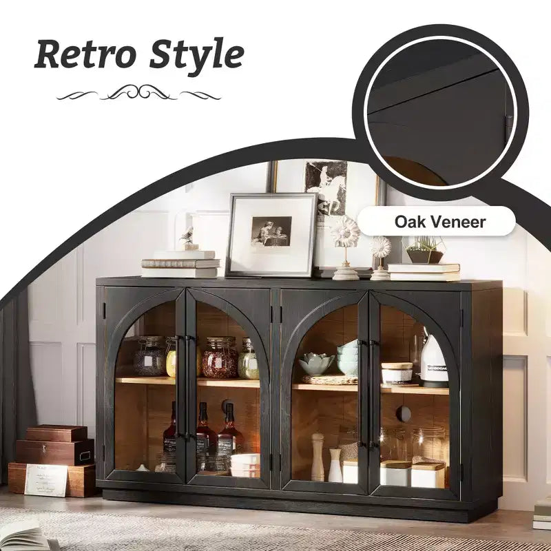 4-Door Retro Style Arched Glass Storage Buffet Cabinet with Adjustable Shelves