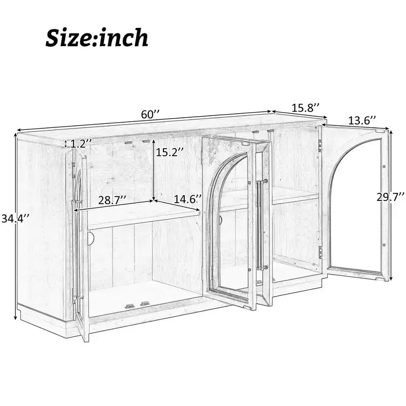 4-Door Retro Style Arched Glass Storage Buffet Cabinet with Adjustable Shelves