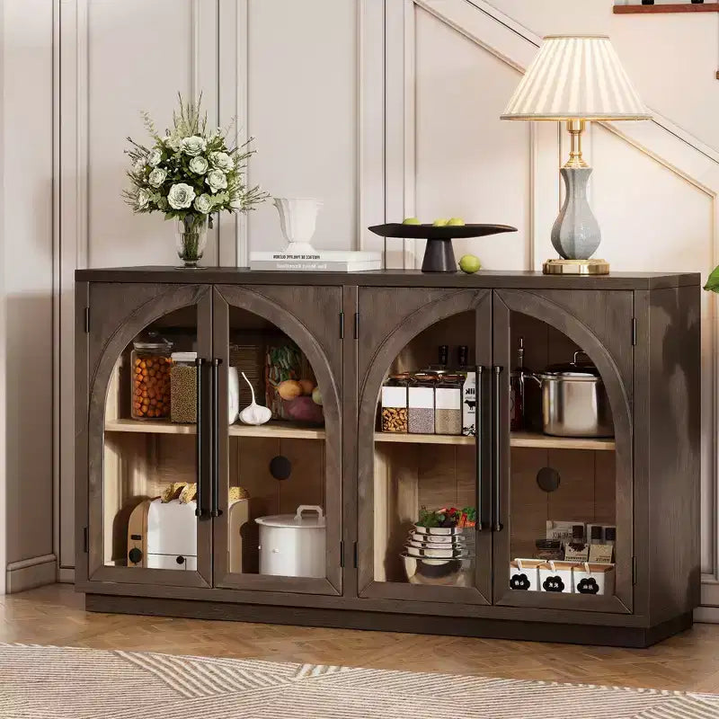 4-Door Retro Style Arched Glass Storage Buffet Cabinet with Adjustable Shelves