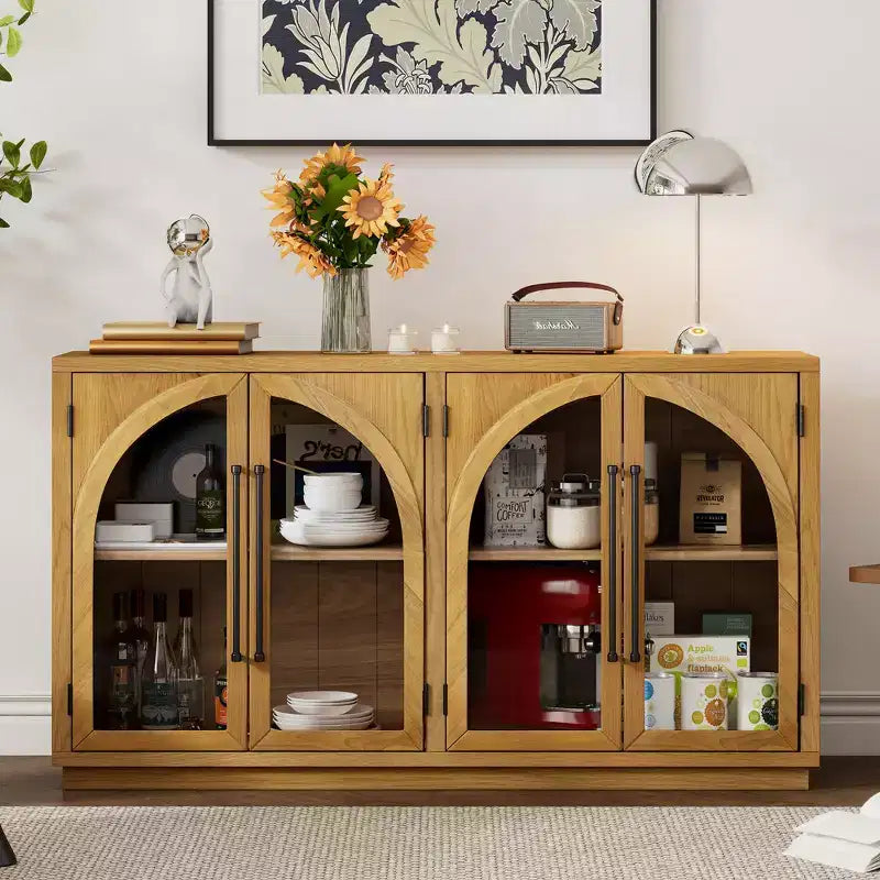 4-Door Retro Style Arched Glass Storage Buffet Cabinet with Adjustable Shelves