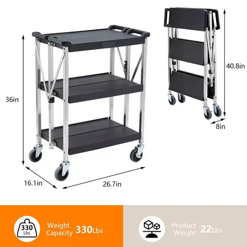 3-Tier Stainless Steel Rolling Cart, Foldable Utility Serving Cart with Wheels, 330 lbs Capacity, for Indoor Use