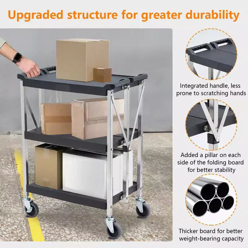 3-Tier Stainless Steel Rolling Cart, Foldable Utility Serving Cart with Wheels, 330 lbs Capacity, for Indoor Use