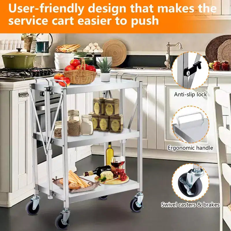 3-Tier Stainless Steel Rolling Cart, Foldable Utility Serving Cart with Wheels, 330 lbs Capacity, for Indoor Use