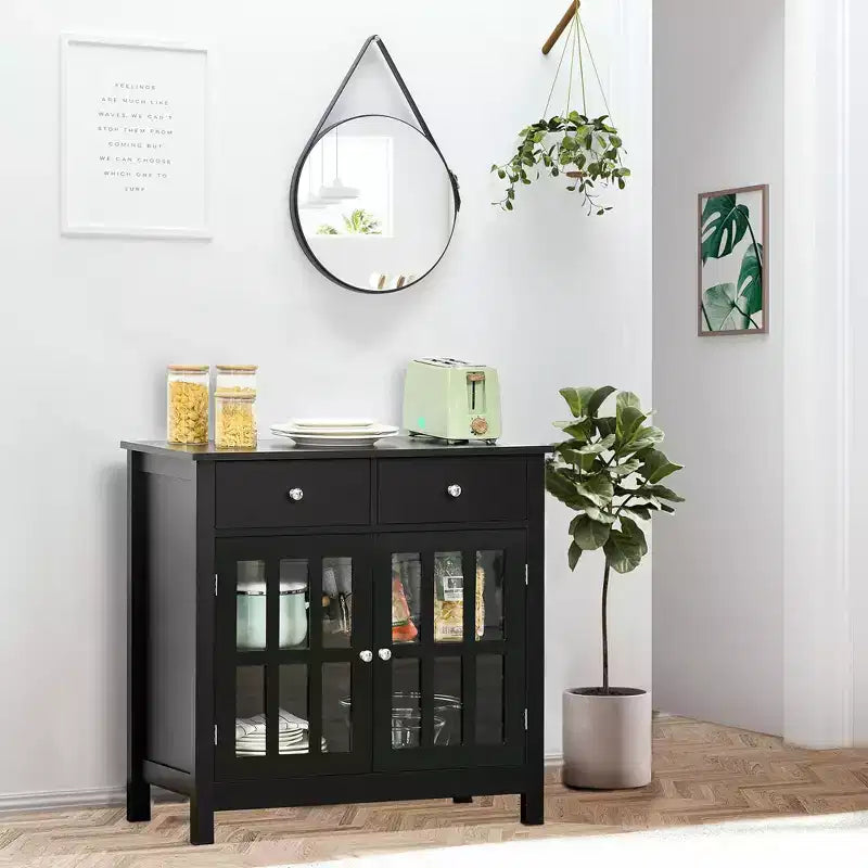 Sideboard Buffet Cabinet with Glass Doors, Adjustable Shelf and 2 Drawers
