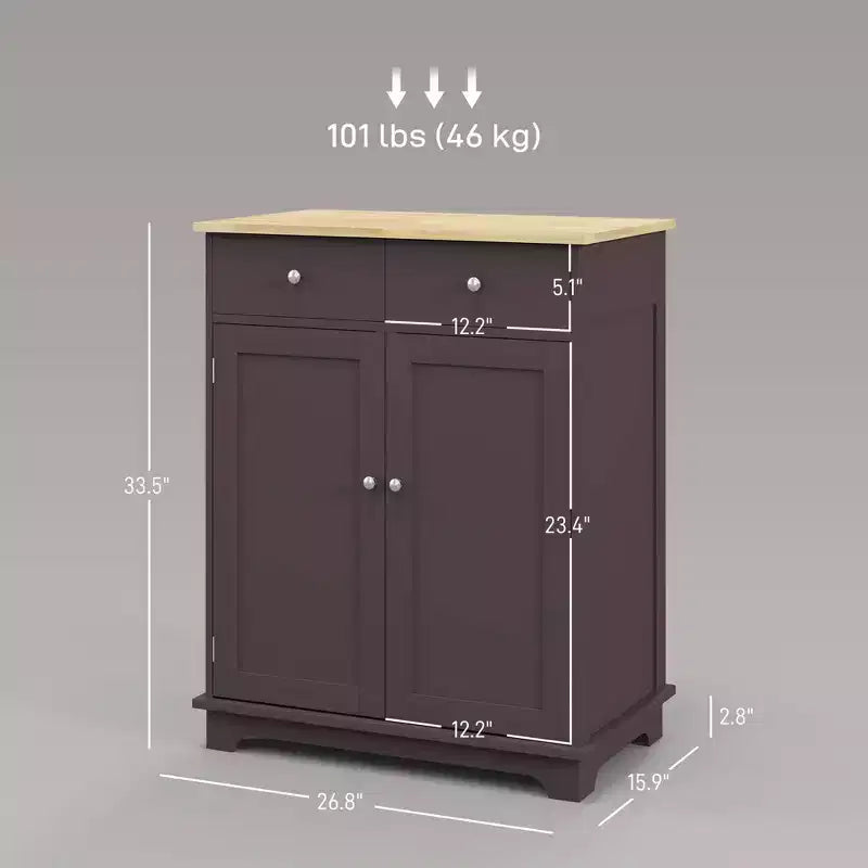 Kitchen Storage Cabinet with Wood Top, Adjustable Shelf and 2 Drawers