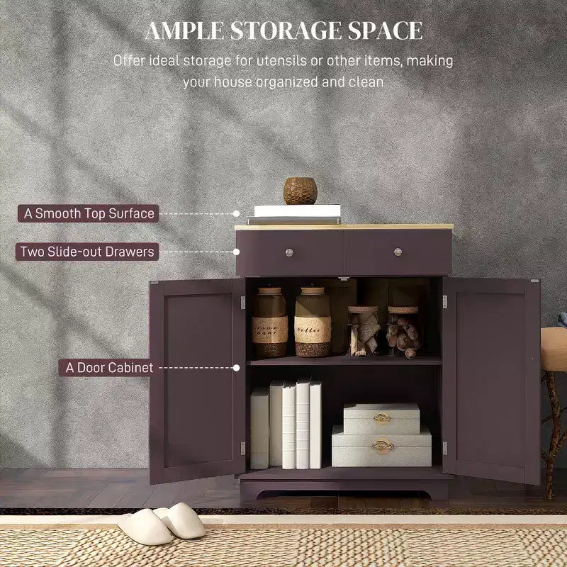 Kitchen Storage Cabinet with Wood Top, Adjustable Shelf and 2 Drawers