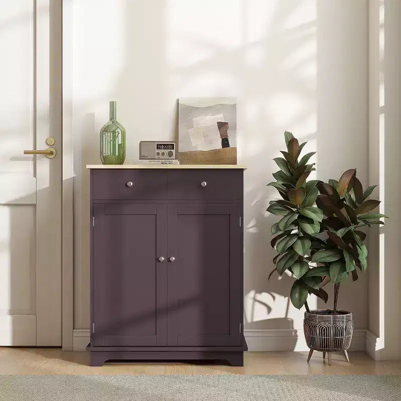 Kitchen Storage Cabinet with Wood Top, Adjustable Shelf and 2 Drawers