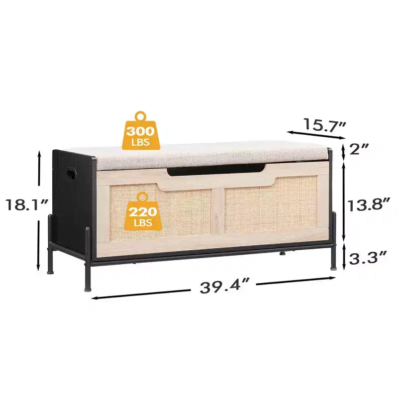 Rattan Storage Bench with Cushion and Safety Hinge