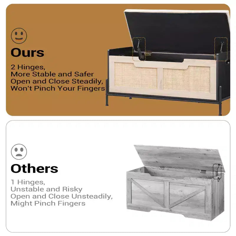 Rattan Storage Bench with Cushion and Safety Hinge