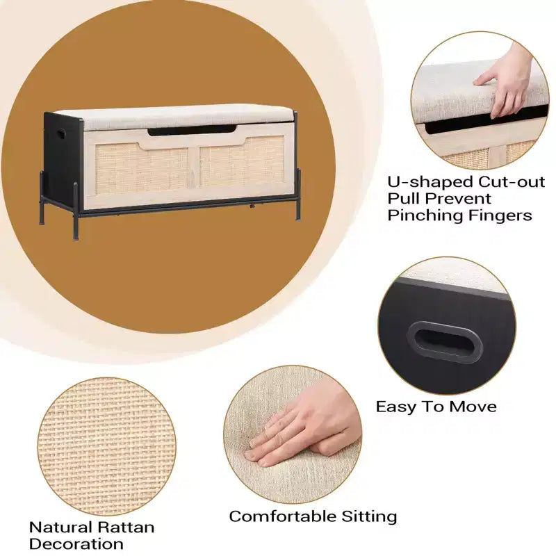 Rattan Storage Bench with Cushion and Safety Hinge