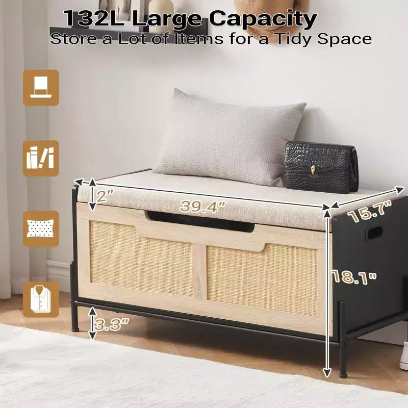 Rattan Storage Bench with Cushion and Safety Hinge