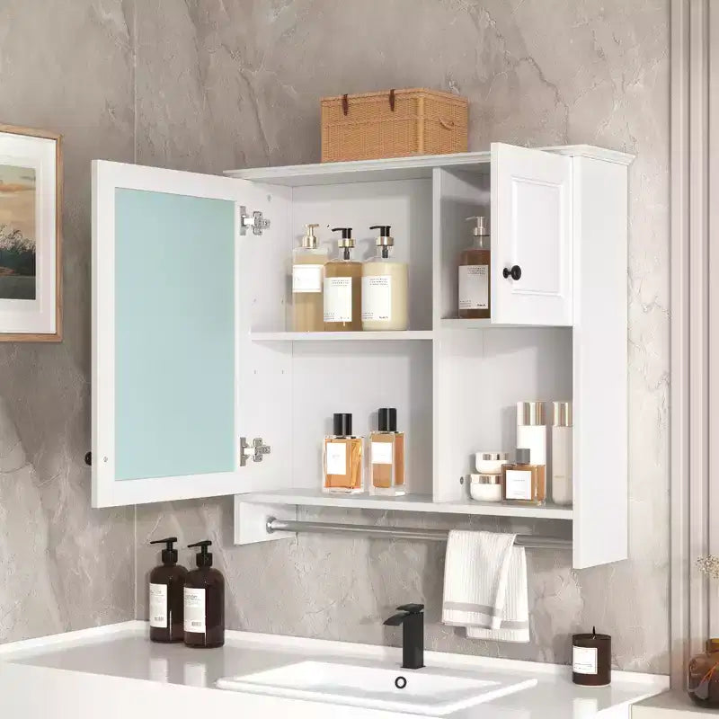 30 in. W x 27 in. H Rectangular MDF Medicine Cabinet with Mirror, Adjustable Shelves and Towel Bar, White