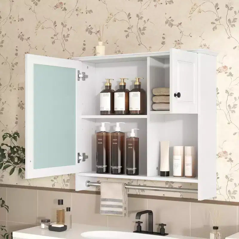 30 in. W x 27 in. H Rectangular MDF Medicine Cabinet with Mirror, Adjustable Shelves and Towel Bar, White