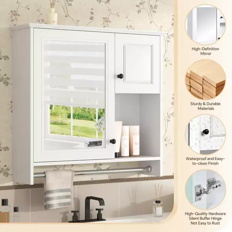 30 in. W x 27 in. H Rectangular MDF Medicine Cabinet with Mirror, Adjustable Shelves and Towel Bar, White
