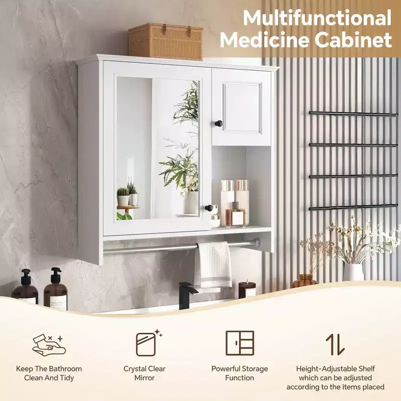 30 in. W x 27 in. H Rectangular MDF Medicine Cabinet with Mirror, Adjustable Shelves and Towel Bar, White