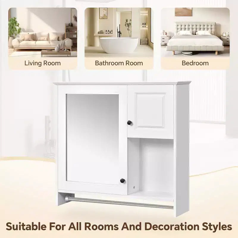 30 in. W x 27 in. H Rectangular MDF Medicine Cabinet with Mirror, Adjustable Shelves and Towel Bar, White