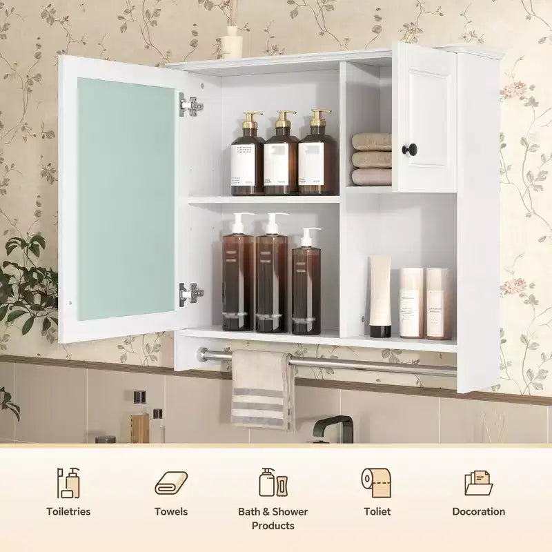 30 in. W x 27 in. H Rectangular MDF Medicine Cabinet with Mirror, Adjustable Shelves and Towel Bar, White